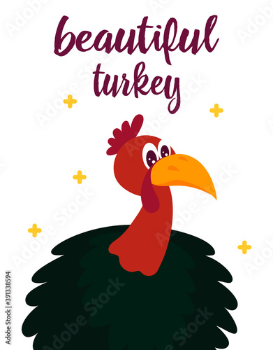 thanksgiving card with cute turkey, vector illustration