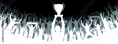 Football poster with the winning football team with the Cup in their hands and fans, vector illustration. Fans, a crowd of people.