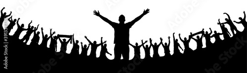Crowd of fans. Happy people have fun celebrating. Thumbs up. Group of friends.A crowd of cheerful people at a party, holiday.The applause of the people, hands up.Silhouette Of A Vector Illustration