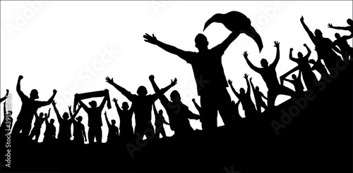 Abstract silhouette of a boxer-fighter on a white background. A crowd of fans, extras. The boxer is the winner. Convenient organization of the eps file. Vector illustration. Thank you for watching