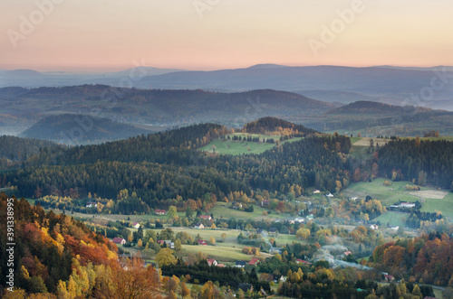View from Eagle shelter at Mt Wielka Sowa just after sunset, Owl Mountains, Sudetes, Poland