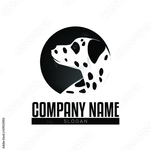 Black and white dalmatian logo design. Cute dalmatian animal side portrait. Gray shades of animal logo in circle shape. Dog logo design vector template. Sad dog simply vector