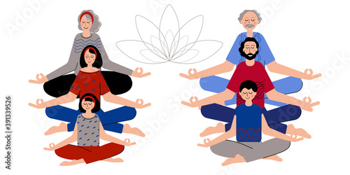 Yoga is for Everyone. Group of Pople Difrent Age Meditate Together to feel more Relaxed, Clam and Free. Meditating in Yoga pose.