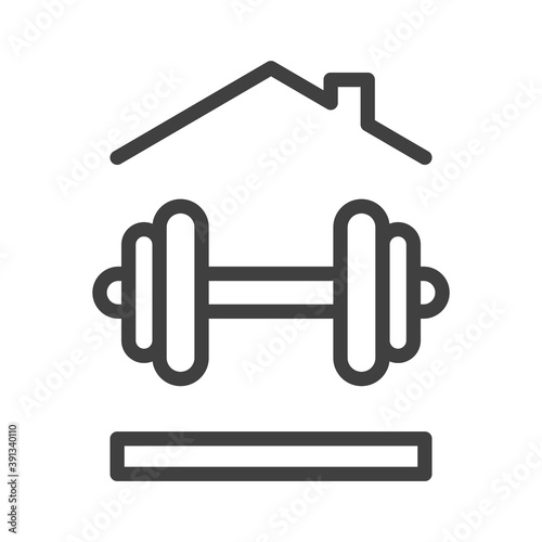 Home sports icon. A simple line drawing of a dumbbell under the roof of a house. Isolated vector on white background.