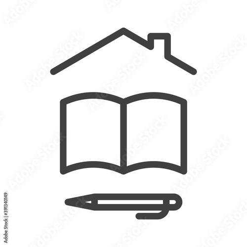 Self-isolation and quarantine home education icon. A simple linear image of a notebook or book, as well as a ballpoint pen or pencil under the roof of the house. Isolated vector on white background.