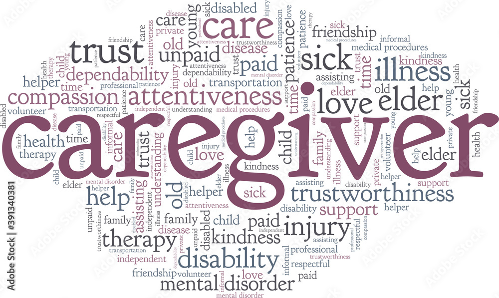 Fototapeta premium Caregiver vector illustration word cloud isolated on a white background.