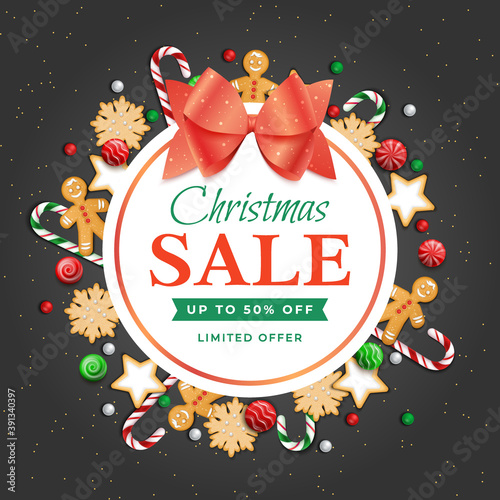 Special Offer Christmas and New Year Sale Discount flyer Big seasonal sale Web banner with holiday sweets - lollipops, candy cane, cookies, gingerbread Man.