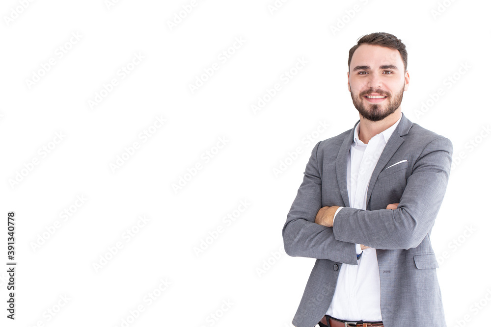 Caucasian businessman presentation smiling arm crossed posture isolated on white background.