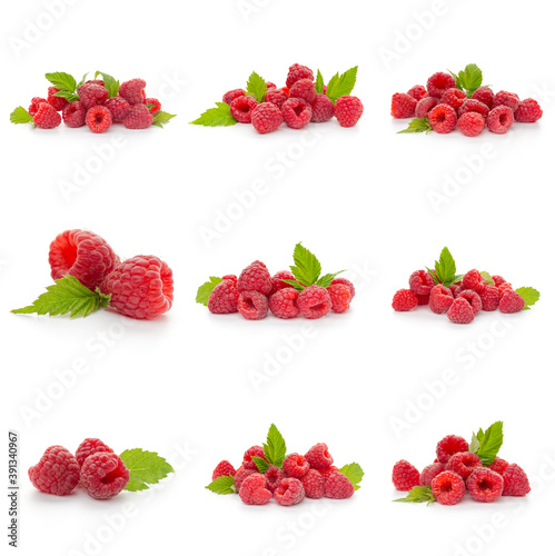 Raspberries collection with leaf isolated on white background © Nana_studio