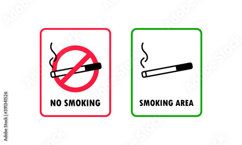 No smoking and smoking area sign. Cigarette icon. Vector EPS 10. Isolated on white background