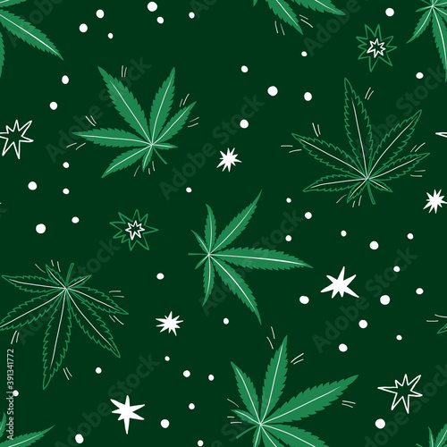 Cannabis seamless pattern. Marijuana floral pattern. Flat doddle style. Marijuana design element seamless for fabric vector illustration.
