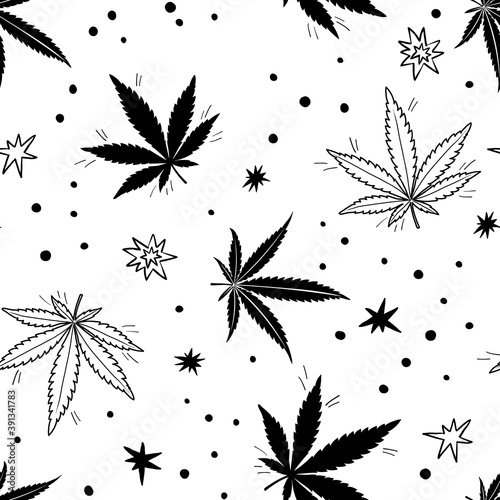Cannabis seamless pattern. Marijuana floral pattern. Flat doddle style. Marijuana design element seamless for fabric vector illustration.
