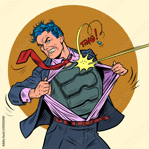 A superhero businessman tears up a suit. Bulletproof body