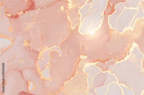 Rose, peach and gold marble texture. Abstract vector background in alcohol ink technique. Modern paint with glitter. Template for banner, poster design. Fluid art painting