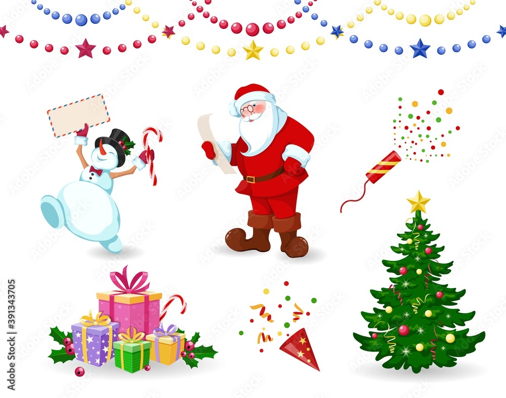 Santa Claus, Snowman and Christmas tree with gifts. Santa Claus reads  letter, the snowman holds an envelope in his hands. Set of elements for Merry Christmas and Happy New Year. Isolated. Vector