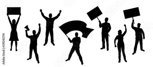 Silhouettes of people with hands raised up. Protesters with banner, flag and megaphone. Demonstration, strike and revolution concept. Political protest and the fight for human rights. Isolated. Vector