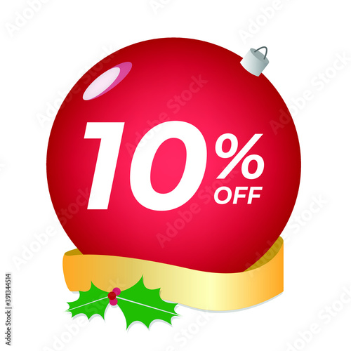 10% off. Ten percent discount. Christmas sale banner. Red bubble with ornaments on a white background vector.