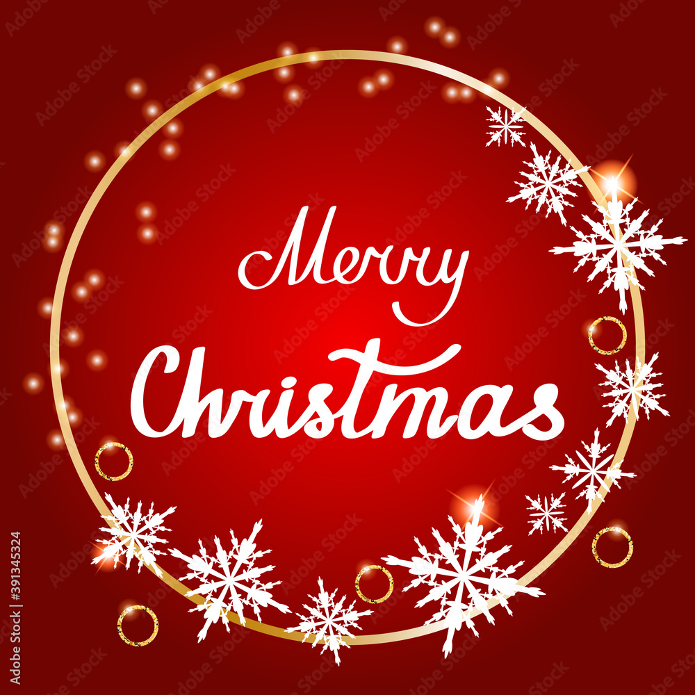 Merry Christmas. Vector illustration with handwritten lettering. Round frame with snowflakes and sparkles on a red background. Christmas greeting card Merry Christmas. Vector illustration with handwritten lettering. Round frame with snowflakes and sparkles on a red background. Christmas greeting card