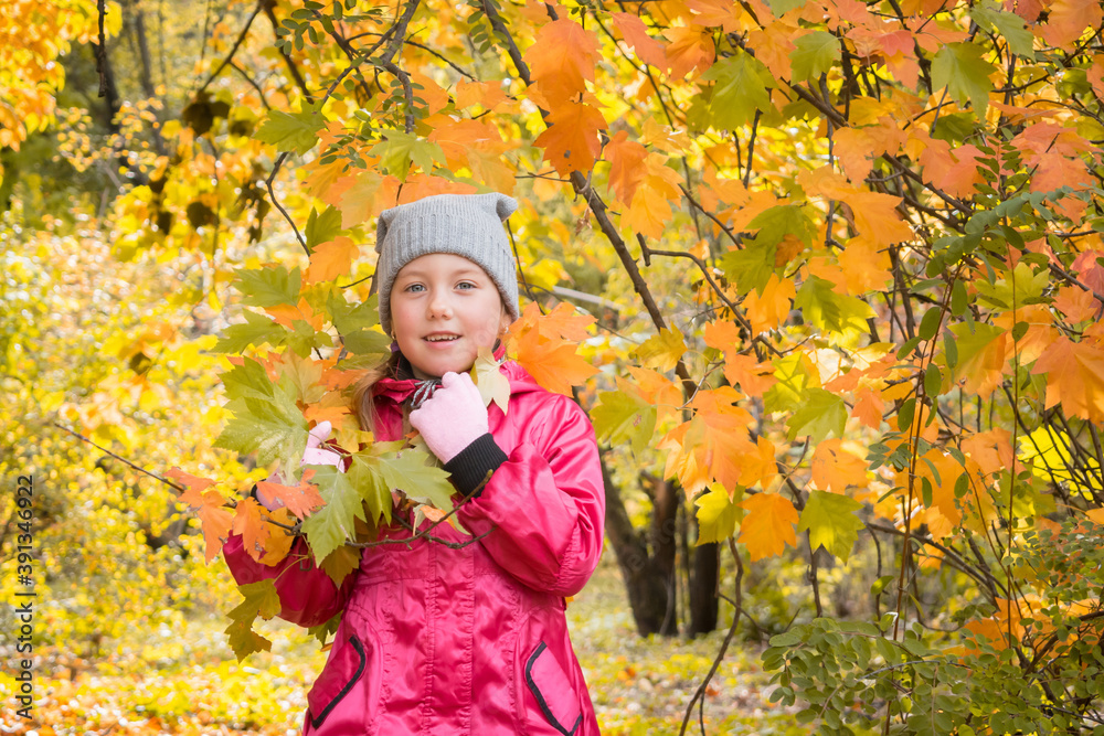 Portrait of a little beautiful girl in an autumn park. The child walks in the autumn forest.