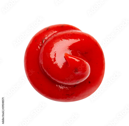 Drop of barbecue sauce or ketchup isolated on white background, top view, close up.