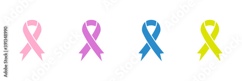 Ribbon Awareness Icon Set. Cancer ribbon symbol collection. Vector illustration isolated on white.