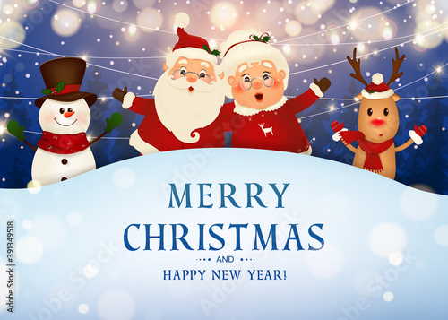 Merry Christmas. Happy new year. Funny Santa Claus with Mrs. Claus, red-nosed Reindeer, snowman in Christmas snow scene winter landscape. Mrs. Claus Together. Vector cartoon character of Santa Claus