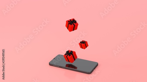 Christmas online shopping concept on smartphone. Smartphone with gifts. Creative idea for Christmas seasonal online shopping and sales. 3d rendering