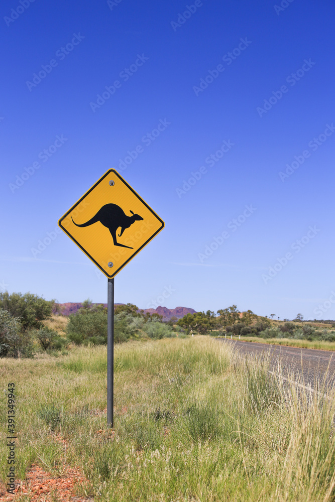 Kangaroo road sign, Australia. Attention kangaroo ahead Kangaroo road sign, Australia. Attention kangaroo ahead