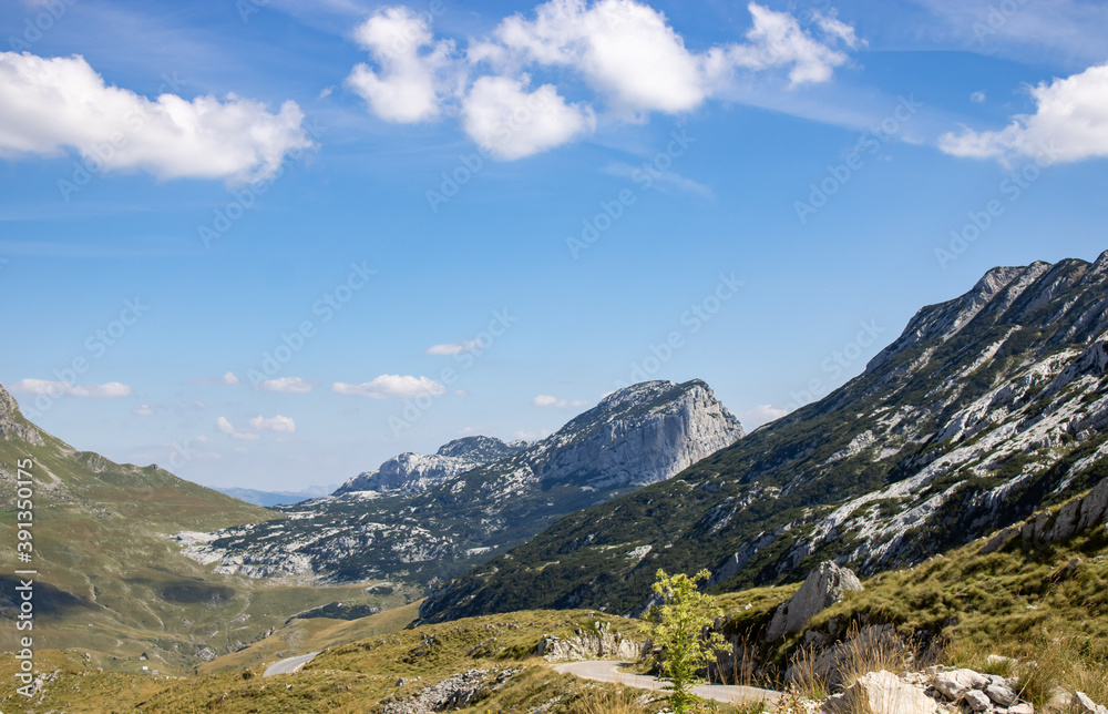 Fototapeta premium Wooden bench against the backdrop of a mountain landscape. Mountain landscape of Durmitor National Park, Montenegro, Europe, Balkans, Dinaric Alps, UNESCO World Heritage Site.