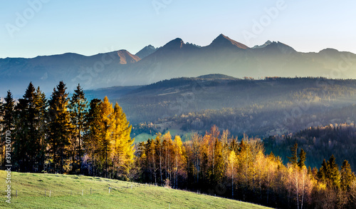 Beautiful unusual mountain landscape. Autumn sunset with a view of the Tatra Mountains. Beautiful Polish views.