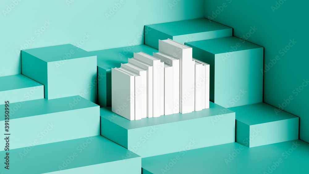 still life of white books on a green stand of cubes, template or wallpaper, 3d rendering still life of white books on a green stand of cubes, template or wallpaper, 3d rendering