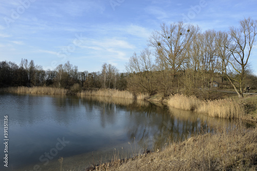 Autumn lake with blue sky