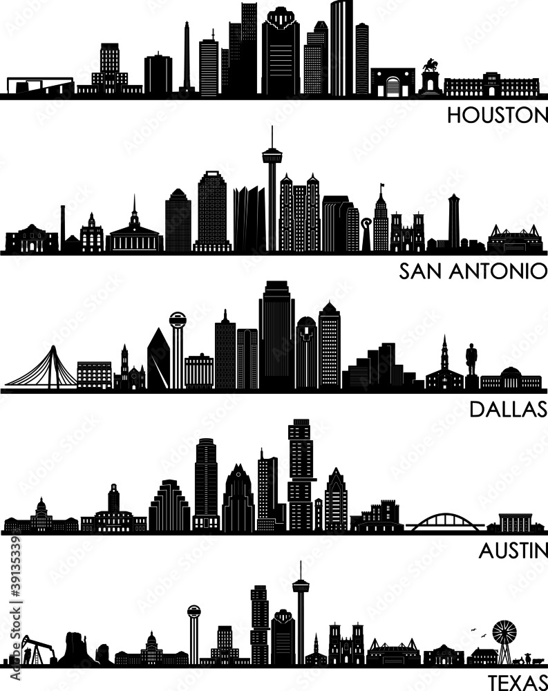 HOUSTON AUSTIN DALLAS SAN ANTONIO Texas SKYLINE City Outline Silhouette