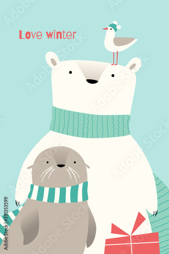 Greeting card with polar bear, seal and gull