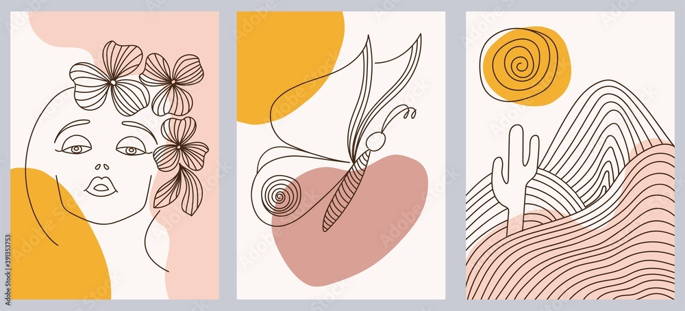 Set of creative hand painted one line abstract shapes. Minimalist vector icons: woman portrait, butterfly, mountains. For postcard, poster, poster, brochure, cover design, web.