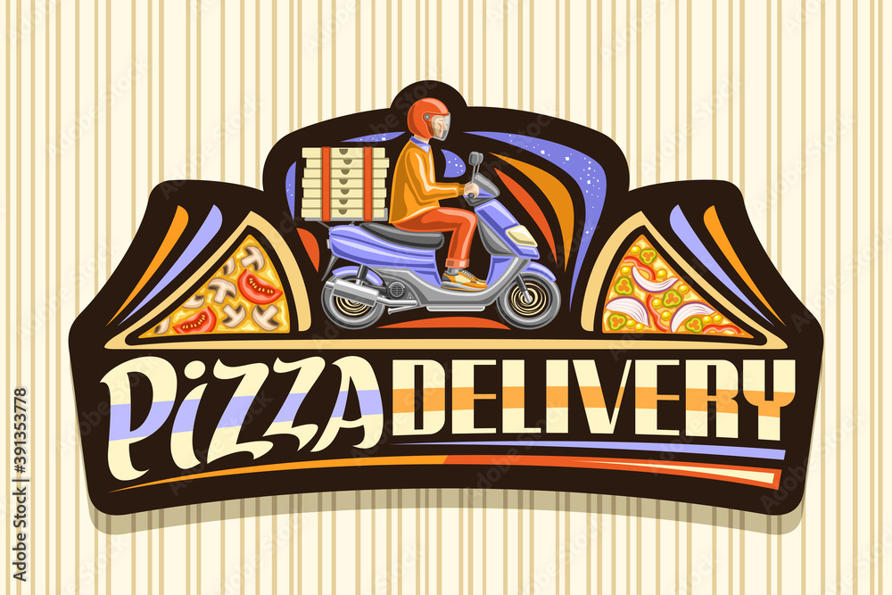 Vector logo for Pizza Delivery, dark label with illustration of driver in helmet on blue motorcycle with pizza boxes, decorative signage for pizzeria with original lettering for words pizza delivery.