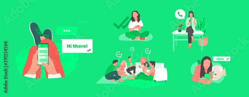 Chat in messenger with friends sitting on the floor concept. Phone in hands with whatsapp UI. Girl send message in mobile app. Older woman sitting on the table and text bubbles around.