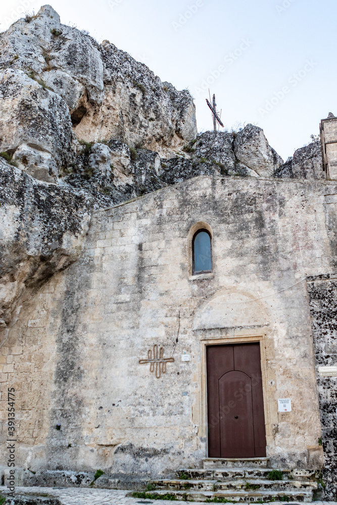 Exterior of the Santa Maria de Idris cave church in Matera, Basilicata, Italy - Europe
