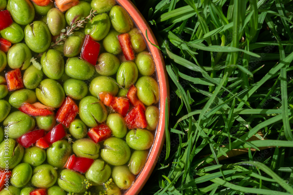 Bowl of freshly picked green olives seasoned with red pepper, fennel, garlic and thyme on a green grass background Bowl of freshly picked green olives seasoned with red pepper, fennel, garlic and thyme on a green grass background