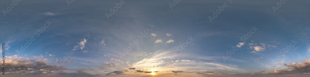 Seamless evening  blue sky hdri panorama 360 degrees angle view with zenith and beautiful clouds for use in 3d graphics as sky dome or edit drone shot