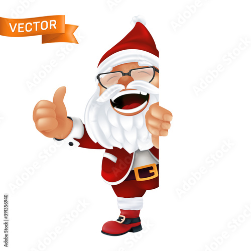 Funny cartoon Santa Claus in a red hat and glasses. Laughing and smiling Christmas character in traditional costume peeking from the corner or a sign and thumbs up isolated on a white background