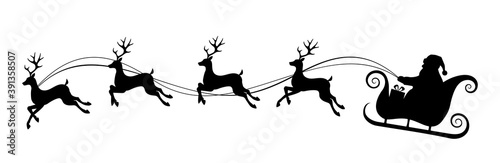 Vector Christmas black and white illustration with Santa Claus riding his sleigh pulled by reindeers. photo