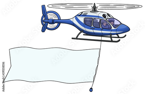 Police helicopter with an advertising banner in flight.