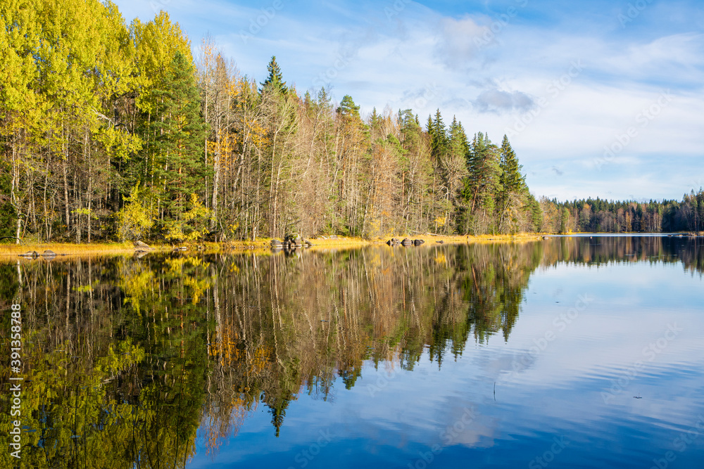 Autumn view of Liesjarvi National Park and Lake, Tammela, Finland