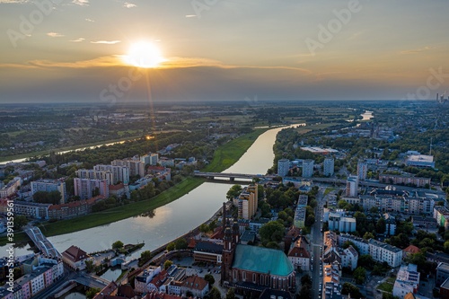 Drone view of Opole Old Town and Oder river. Poland, summer day. © Daniel Jędzura