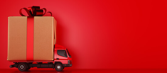 Big Christmas gift packages on a red truck ready to be delivered