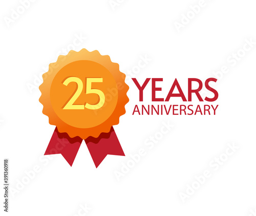 25 years anniversary icon badge vector flat symbol, 25th or number one on modern golden rosette award design, twenty five birthday party trendy symbol clipart