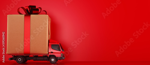 Big Christmas gift packages on a red truck ready to be delivered
