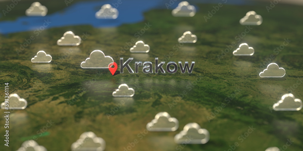 Cloudy weather icons near Krakow city on the map, weather forecast related 3D rendering