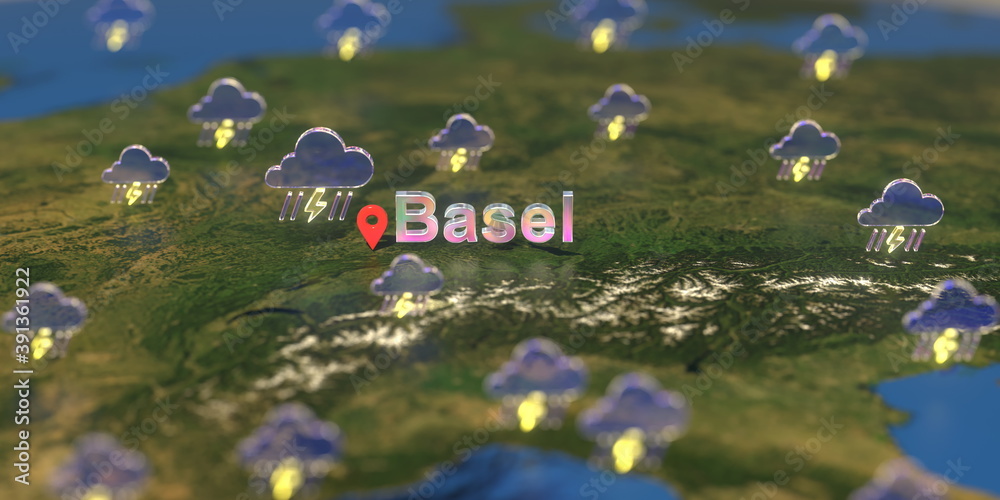 Basel city and stormy weather icon on the map, weather forecast related 3D rendering Basel city and stormy weather icon on the map, weather forecast related 3D rendering